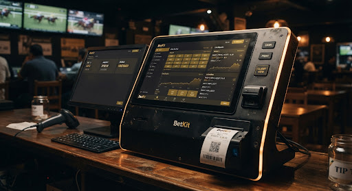 Terminal POS BetKit en una agencia hípica con impresora térmica